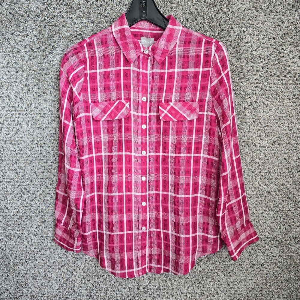 Chicos Shirt Womens 0 US Small Red Plaid Button Up Sheer Casual Polyester Blend
